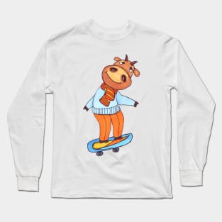 Funny animal bull on snowboard hand drawn Long Sleeve T-Shirt